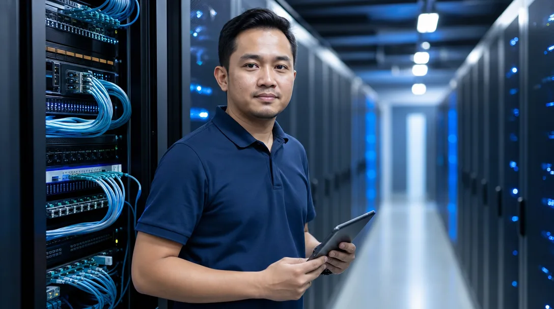 Engineer Mino memantau perangkat di lorong data center