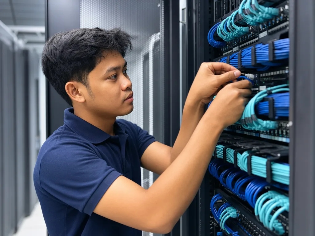 Teknisi Mino Network merapikan kabel jaringan di rack server kantor Semarang
