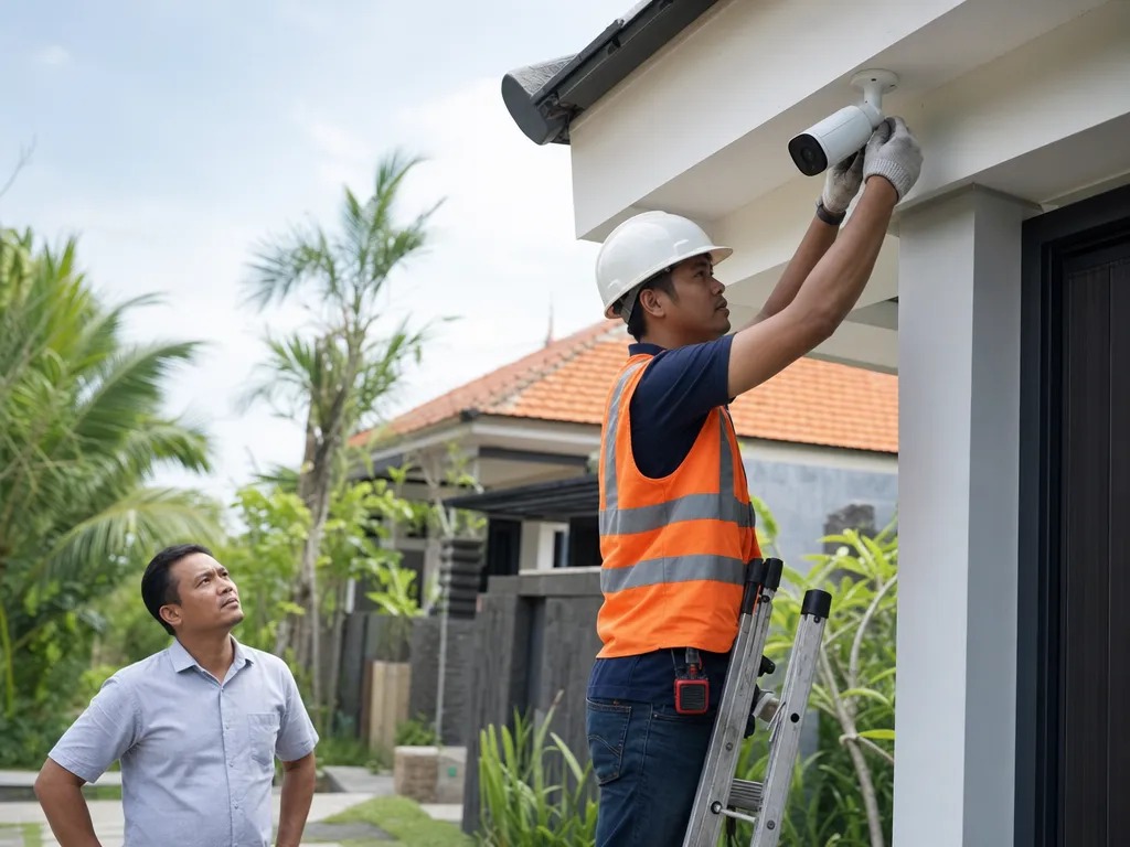 Pemasangan CCTV rumah tinggal di Semarang oleh teknisi ber-APD