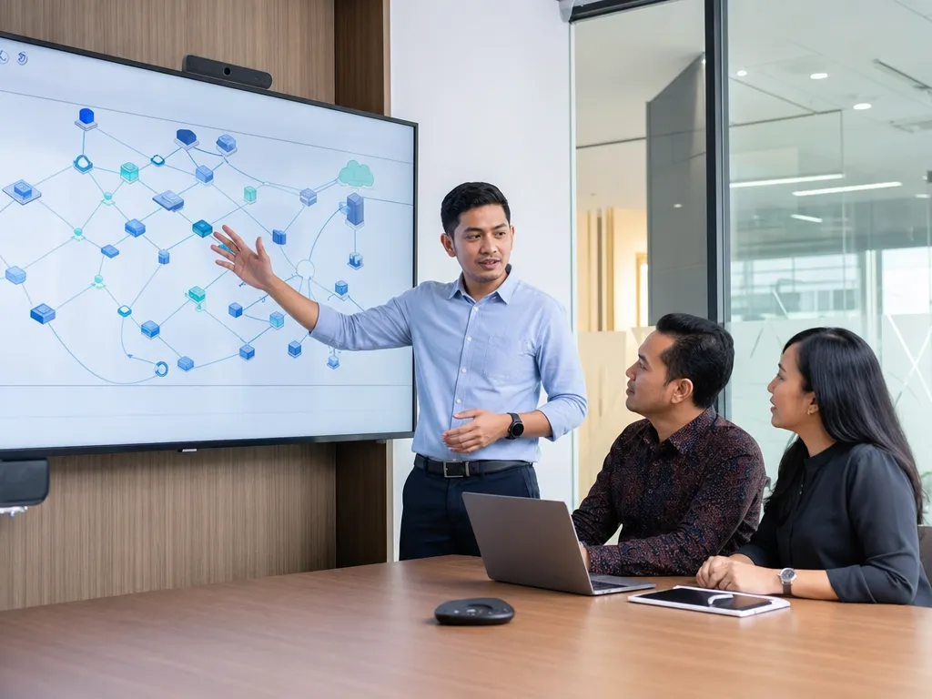 Konsultan IT Mino Network mempresentasikan rancangan infrastruktur kepada klien