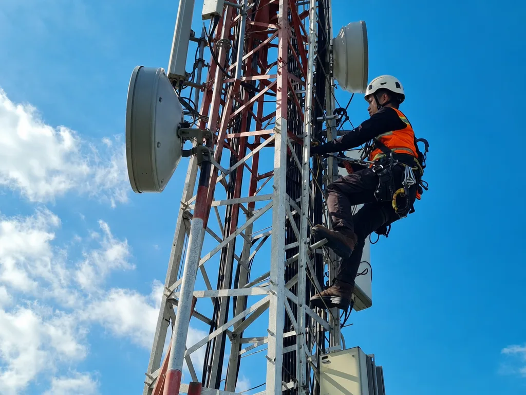 Teknisi Mino dengan safety harness memanjat tower telekomunikasi