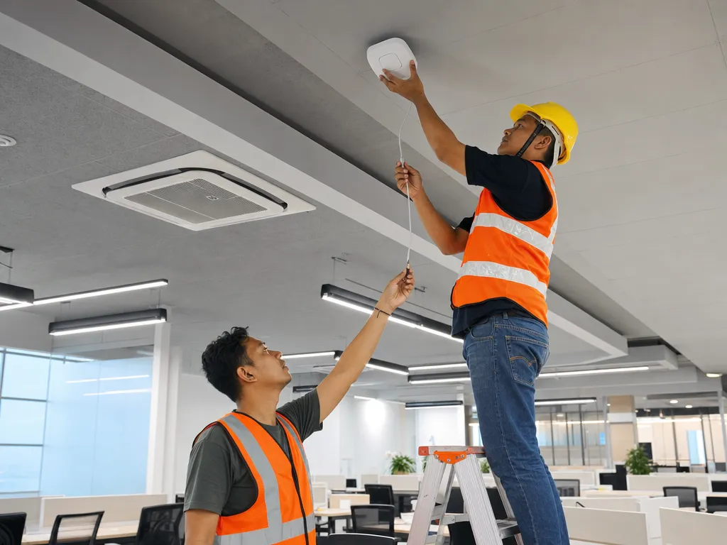 Pemasangan access point WiFi kantor oleh teknisi ber-APD